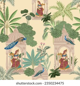 Mughal Garden queen with temple and peacock seamless pattern illustration