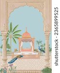 Mughal garden, temple, arch, peacock, bird, plant vector illustration for Sikh wedding invitation