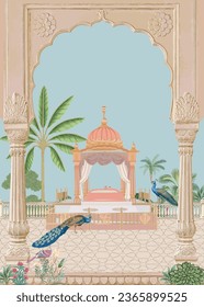 Mughal garden, temple, arch, peacock, bird, plant vector illustration for Sikh wedding invitation