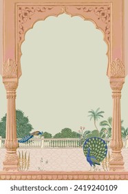 Mughal garden with temple, arch, peacock, bird, plant vector illustration for wallpaper