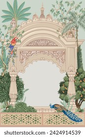 Mughal garden with temple, palace, parrot, peacock, tree illustration for invitation