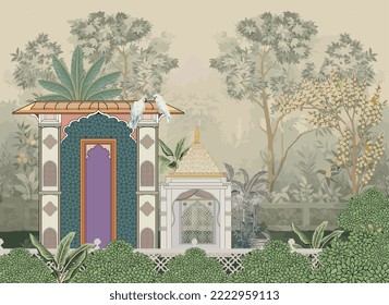 Jardín mogol, templo. loro, patrón vectorial de árbol