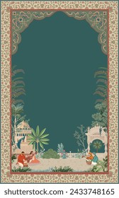 Mughal garden, traditional music players, peacock, green forest with arabesque frame for wedding invitation