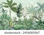 Mughal Garden, Tropical garden, watercolor tree, birds, watercolor background.