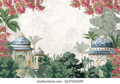 Mughal Garden Wall Mural, Mughal Wallpaper,Dome, Flower, Watercolor Background.