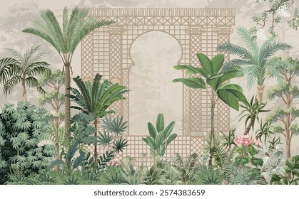 Mughal Garden Wallpaper Design, Greek Garden, Mural Design, Jungle garden Illustration, Mughal Arch.