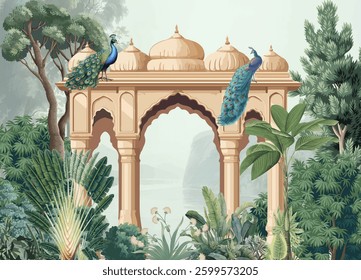 Mughal Garden Wallpaper, Mughal Garden Illustration, Mughal Dome,Peacock, Watercolor Background.