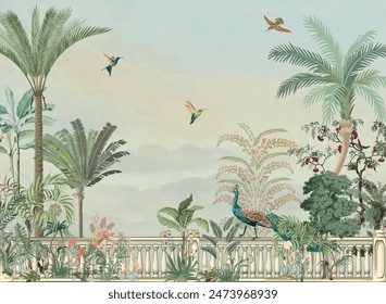 Mughal garden wallpaper, wallpaper mural design, Peacock,birds, watercolor background.