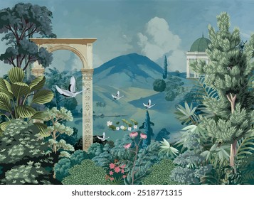 Mughal garden wallpaper mural Design, hill lake, Dome, brds, traditional mughal background, watercolor background.