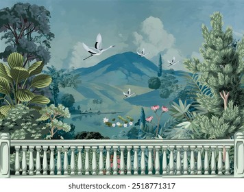 Mughal garden wallpaper mural Design, hill lake, Dome, brds, traditional mughal background, watercolor background.