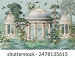 Mughal garden wallpaper mural Design,Dome, brds, traditional mughal background, watercolor background.