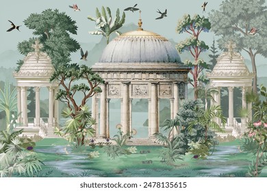 Mughal garden wallpaper mural Design,Dome, brds, traditional mughal background, watercolor background.