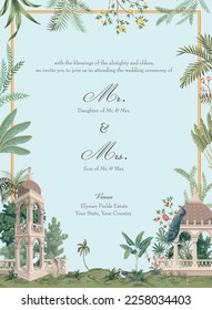 Diseño de la tarjeta de invitación a la boda de un jardín mogol. Árboles tropicales, flores, pavo real, elementos de pájaro para el diseño de tarjetas de invitación.