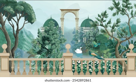 Mogulgarten, Kuppelgrafik für Tapeten. Botanische Baumlandschaft Illustration und Schwan in einem schönen See.