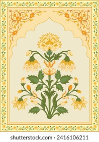 Mughal hand drawn flower motif.  Digital flower textile design, digital print.