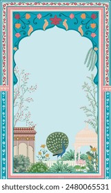 Ilustración de la sala de estar de decoración casera mogol. Arte indio Rajasthani, mural para la sala de estar, lienzo, pintura arte.