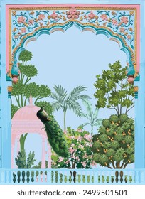 Moghul Wohnzimmer Dekor Illustration. Indian Rajasthani Art, Wandmalerei für Wohnzimmer, Leinwand, Malerei Kunst.