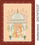 Mughal Indian Bride and Groom invitation background design. Indian wedding symbol bride groom vector illustration.