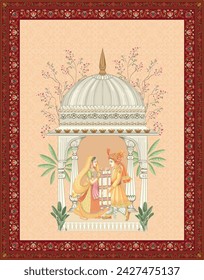 Mughal Indian Bride and Groom invitation background design. Indian wedding symbol bride groom vector illustration.