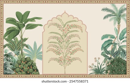 Mughal Invitation Card Design, Mughal garden Illustration, Mughal Wall Mural.