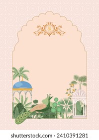 Mughal Invitation card vector illustration. Traditional Mughal garden arch, peacock, plant, illustration for invitation.