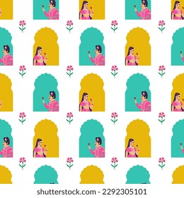 Mughal king and queen in jharoka , seamless pattern , 
Tote Bag with indian art and Background for Print on Demand Business. fabric, stationary wallaper ,  crockery