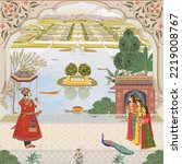 Mughal king welcoming by woman. Peacock, arch vector pattern illustration