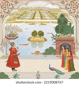 Mughal king welcoming by woman. Peacock, arch vector pattern illustration