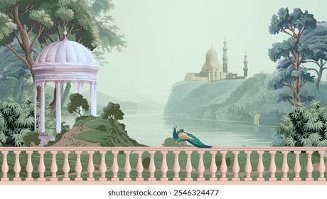 Mughal Lake Garden With arch. peacock, Mughal architecture illustration wallpaper. Botanical landscape illustration.