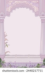 Mughal lavender garden with bird, arch illustration