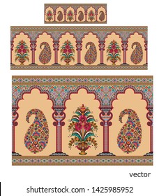 Mughal motif colorful border cream background pattern