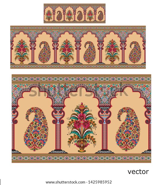 Mughal Motif Colorful Border Cream Background Stock Vector Royalty