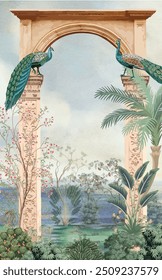 Mughal Mural Design with Mughal Arch, Peacock, Plants, Watercolor Background.