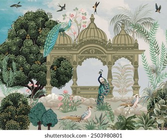 Mughal Mural Design, traditional Mughal Mural Wallpaper with Peacock and birds, Watercolor background.