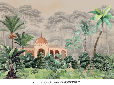 Mughal Mural Design, Mughal Wallpaper , Mughal garden with Mughal temple and watercolor tree, Watercolor background.