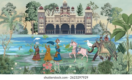 Mughal Mural Illustration, Indian Wedding, Mughal Palace, Wallpaper