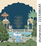 Mughal night garden palace, arch, bird, swan, peacock vector illustration pattern