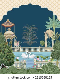 Mughal night garden palace, arch, bird, swan, peacock vector illustration pattern