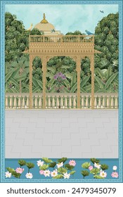 An mughal ornate garden scene with lush foliage, an architectural balcony, flowering plants, and lotus flowers on calm water. Can be used in miniature wall art, wedding invitation card etc.