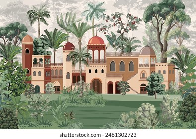 Mughal palace,Traditional Mughal garden Decoration, Mughal Mural Design.