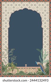 Mughal pattern frame with garden, peacock, palace, tree and bird illustration