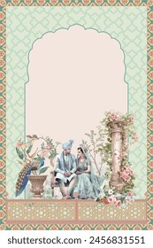 Mughal pattern frame with seated couple, peacock, bird, flower, tree illustration for wedding invitation