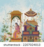 Mughal Persian queen seating in a palace garden vector illustration