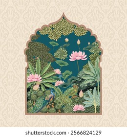 Mughal pichwai arch garden with bird, plant, lotus illustration border frame pattern