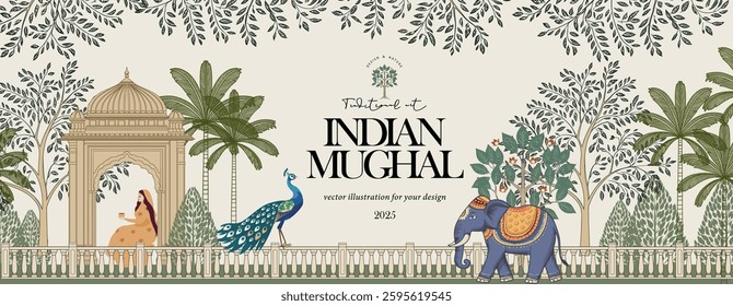 Mughal Pichwai Garden. Vector traditional illustration of temple, pillar arch, tropical plant, peacock, elephant, tree, palm, indian woman for greeting card, banner, poster or background.