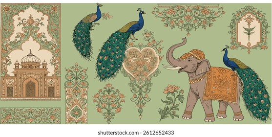 Mughal Pichwai Garden.Vector illustration of temple, pillar arch, tropical plant, peacock, elephant, flower