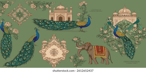 Mughal Pichwai Garden.Vector illustration of temple, pillar arch, tropical plant, peacock, elephant, flower