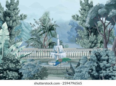 Mughal pond with lotus in garden, fountain, arch, bird, swan, peacock vector illustration.