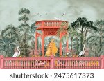 Mughal queen king sitting in garden. Mughal garden palace, arch, peacock, Mughal wedding outdoor background design. Mughal forest garden illustration.