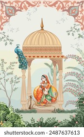 Mughal queen seated in a temple with garden, peacock illustration